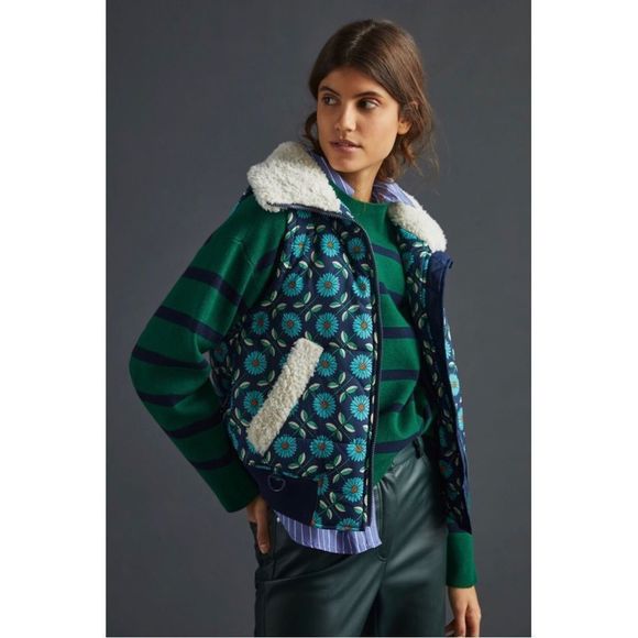 Anthropologie Jackets & Blazers - Anthropologie Maeve Floral Geometric Sherpa-Trimmed Puffer Vest Small